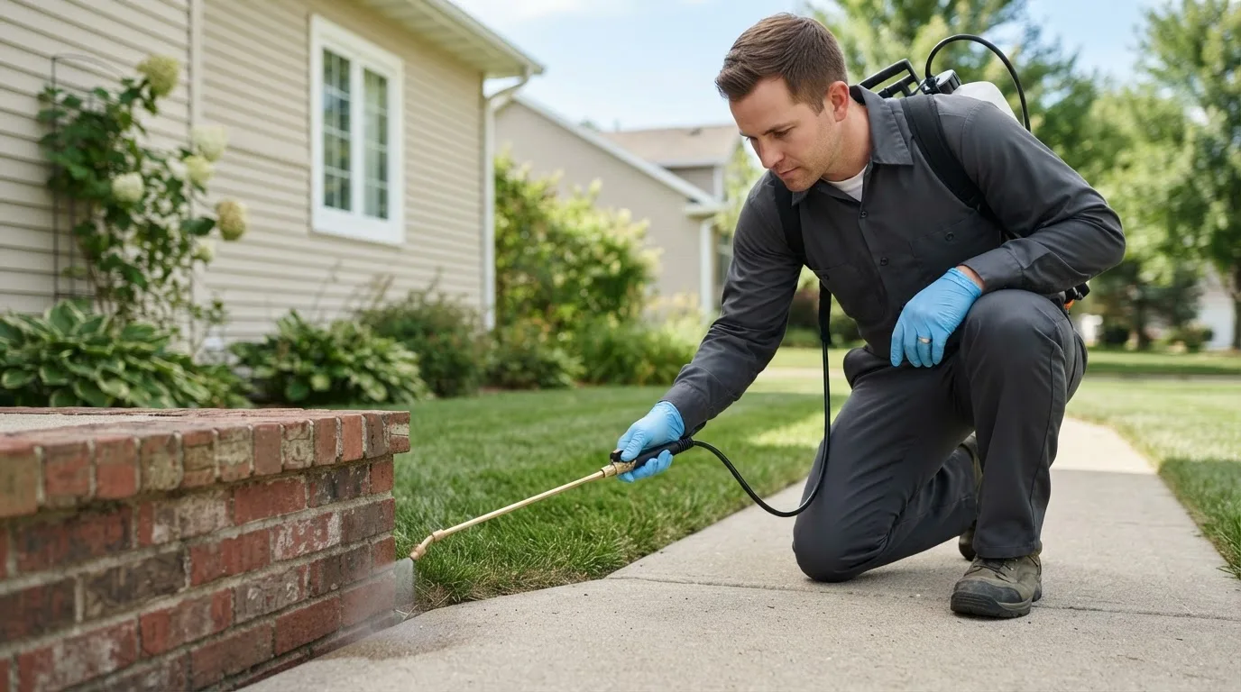 Pest control technician treating a home near Enville, TN